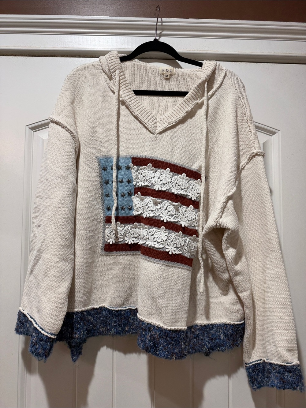 POL Cream Hoodie with Flag Lace Applique and Blue Hem